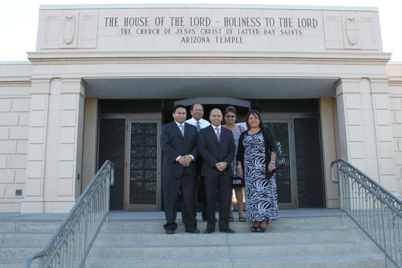 Marvel, in sunglasses at the back right, with four others outside the Arizona Temple.